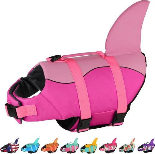 Vista 20 de Dogcheer - Chaleco salvavidas para perros, lindo diseño de tiburón para natación y navegación con flotabilidad superior y asa de rescate, chaleco