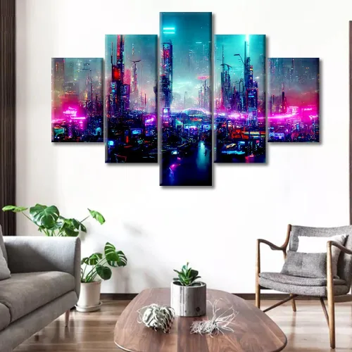 Vista 105 de Cuadros de 5 paneles de Cyberpunk City, arte de pared, representación de vallas publicitarias, edificios modernos en la capital con obras de arte