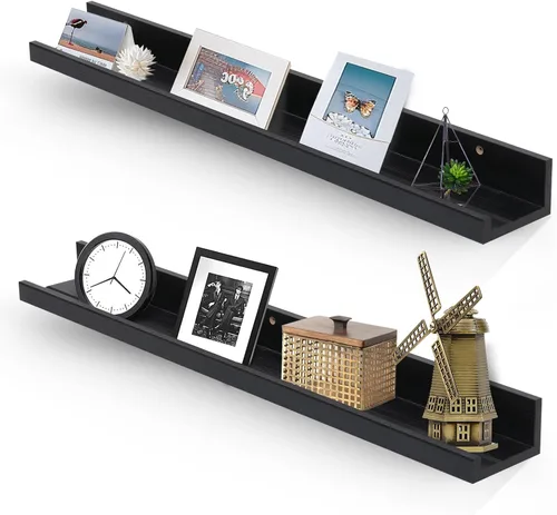 Vista 28 de Muzilife Estantes Flotantes de Pared Pequeños de 12" con Borde - Juego de 2 Estantes Flotantes de Madera - Repisa Negra Montada en Pared
