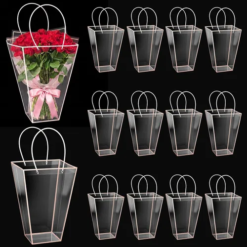 Vista 12 de Yexiya 12 bolsas florales grandes transparentes para ramo de flores a granel con asa transparente para regalo de boda, regalo de boda, regalo