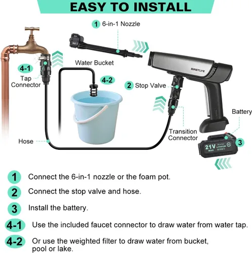 Vista 5 de Lavadora a presión inalámbrica alimentada por batería; lavadora eléctrica inalámbrica portátil de 1100 PSI, con motor sin escobillas, 2 paquetes