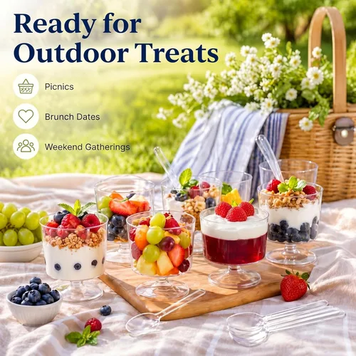 Vista 6 de 100 mini tazas de postre de 2 onzas con 100 cucharas de plástico transparente, tazones de mousse con pies y pedestal de frutas, parfait aperitivo
