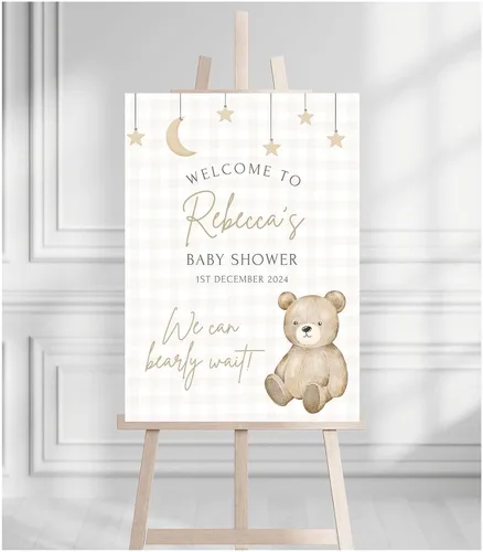 Vista 25 de Letrero de bienvenida para baby shower, personalizable, con texto en inglés «We Can Bearly Wait» Neutral Cute Teddy Bear Theme, varios tamaños