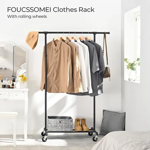 Vista 3 de FOUCSSOMEI Perchero de ropa con ruedas, perchero de ropa resistente, perchero de ropa de metal, organizador de armario, para dormitorio, sala