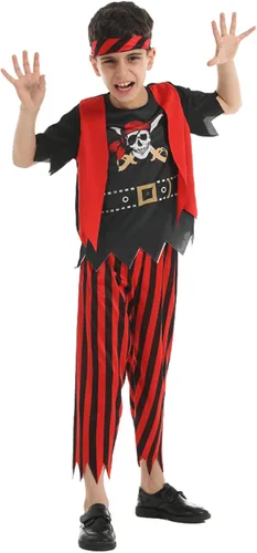 Vista 2 de Disfraz de pirata para niños, juego de rol de pirata, abrigo para niños, pantalones, sombrero con accesorios, juego de lujo para fiesta y cosplay