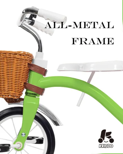 Vista 4 de KRIDDO Triciclo clásico de metal para niños pequeños, regalo para niños y niñas de 2 a 4 años, triciclo para niños de 1 a 3 años, cubierta trasera