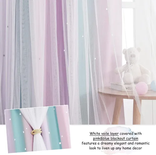 Vista 3 de NICETOWN Cortinas para Dormitorio de Niñas Infantiles con Estrellas Caladas Ventana 2 Capas Cortina 63 Pulgadas de Longitud Oscurecimiento