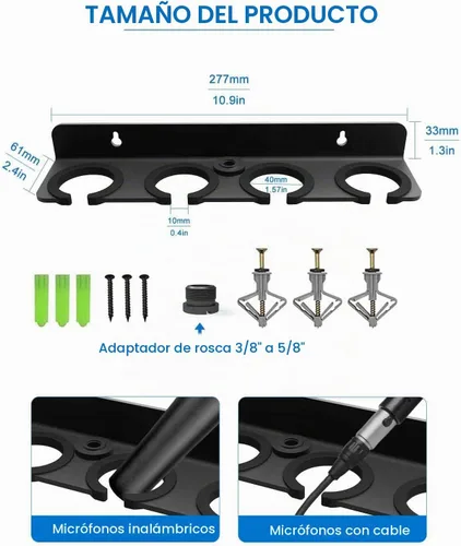 Vista 7 de Soporte de micrófono múltiple para micrófonos con cable e inalámbricos, soporta hasta 4 micrófonos, organizador de micrófono múltiple para soporte