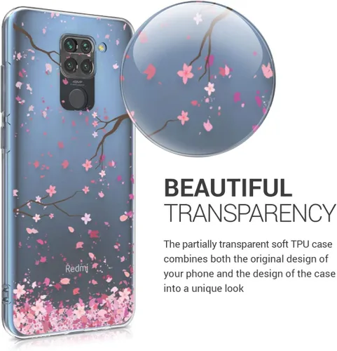Vista 3 de kwmobile Funda transparente compatible con Xiaomi Redmi Note 9 - Funda para teléfono Funda de TPU suave - Flores de cerezo rosa/marrón