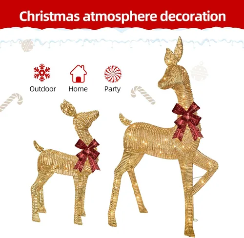 Vista 2 de 2 piezas de ciervos de Navidad grandes iluminados, decoración de patio de HOYECHI al aire libre, reno de ratán con 85 luces LED, estacas, lazos