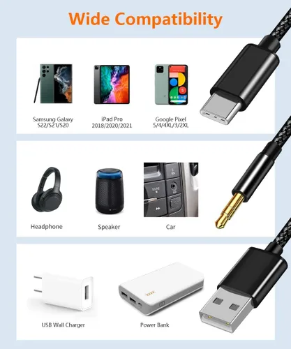 Vista 2 de Cable de audio auxiliar USB C a 0.138 in con carga, USB C 2 en 1 a 0.138 in, cable de audio para auriculares estéreo de automóvil con carga PD de 18