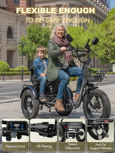 Vista 4 de Folding Electric Tricycle for Adults 2 Seater, 20MPH 100 Miles 4" Wide Fat Tire Electric Trike, 3 Wheel Electric Bike 1200W, 48V 20AH Battery