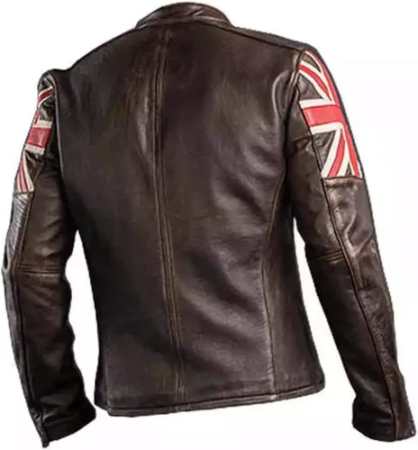 Vista 3 de Cafe Racer Vintage Reino Unido bandera marrón chaqueta de cuero vintage motocicleta retro moto