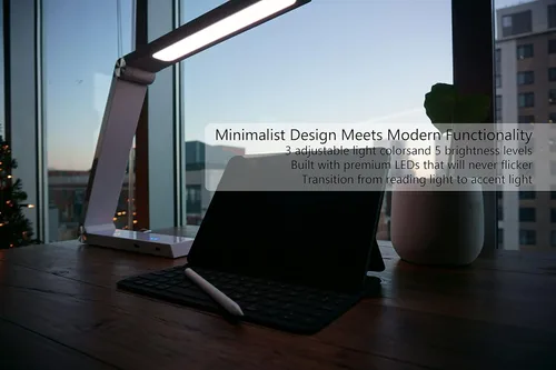 Vista 5 de Moderna lámpara LED de escritorio con control de luz regulable, carga inalámbrica y 2 puertos USB para hogar, oficina, dormitorios, luz de lectura