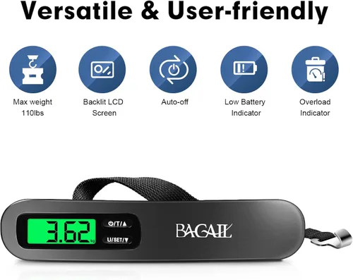 Vista 5 de BAGAIL Digital Luggage Scale, 110lbs Hanging Baggage Scale with Backlit LCD Display, Portable Suitcase Weighing Scale, Travel Luggage Weight Scale