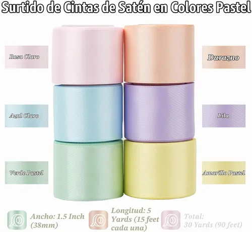Vista 2 de Pastel Rainbow Satin Ribbon, 1.5 Inch x 30 Yards, 6 Rolls Assorted Pastel 1.5