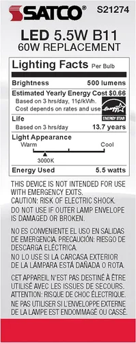 Vista 8 de Satco S21274 - Bombilla LED B11 transparente de 5.5 W, 3000 K, blanco cálido, paquete de 6