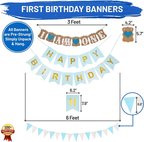 Vista 3 de PartyHooman Paquete de decoraciones de primer cumpleaños para niños, una caja para el primer cumpleaños y el primer cumpleaños