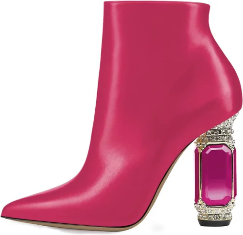 Vista 101 de FSJ Botas de tacón alto con punta puntiaguda para mujer, con tacón alto, con cremallera lateral brillante, estilo casual, para uso diario, zapatos