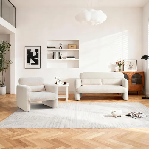Vista 9 de Sillas de acento de 33.86 pulgadas, silla moderna con brazos de tela sherpa, cómodo sillón tapizado para descanso, sofá individual con almohada