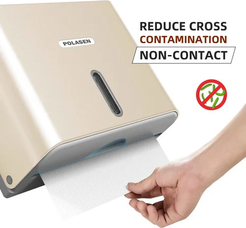 Vista 5 de Dispensador de toallas de papel multipliegue para montaje en pared, plástico dorado, gran capacidad, almacenamiento de 250 grados, compatible