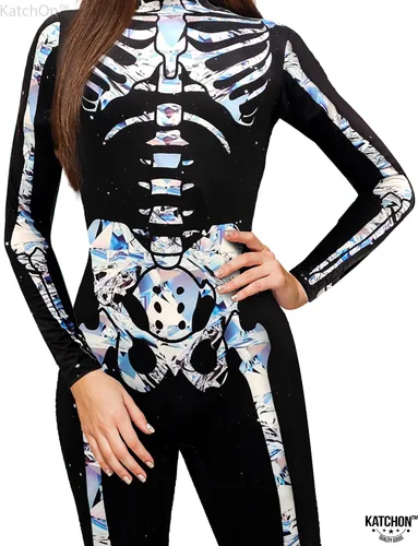 Vista 4 de KatchOn Disfraz de esqueleto plateado - Body de esqueleto para mujer para Halloween truco o trato