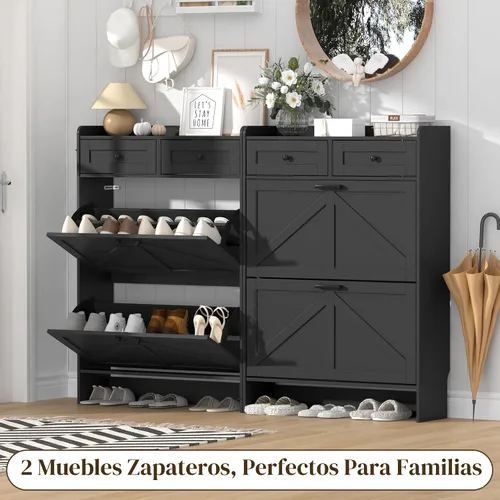 Vista 9 de Thacuok Gabinete de zapatos negro con 2 cajones abatibles y 2 cajones de almacenamiento, armario organizador de zapatos estrecho rústico de granja