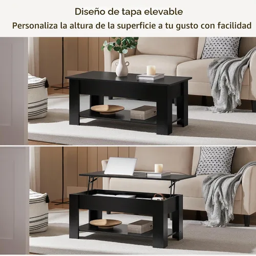 Vista 4 de Yaheetech Mesa de café de madera, mesa de centro con estante de almacenamiento oculto grande, mesa de comedor con superficie elevada para sala