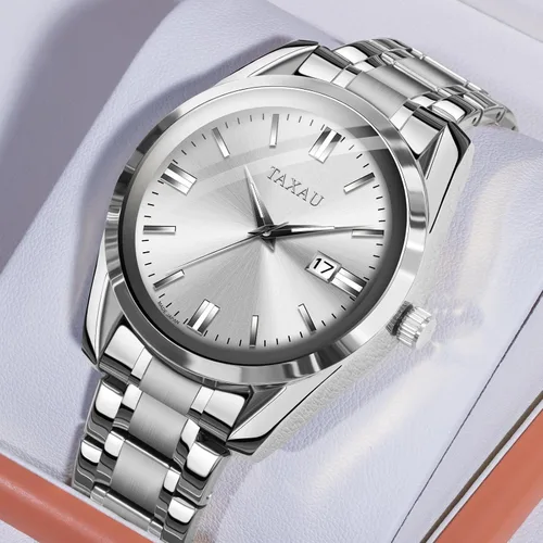 Vista 7 de Taxau Relojes analógicos de cuarzo para hombre, relojes de acero inoxidable con cara grande para hombres, relojes de pulsera para hombre con fecha
