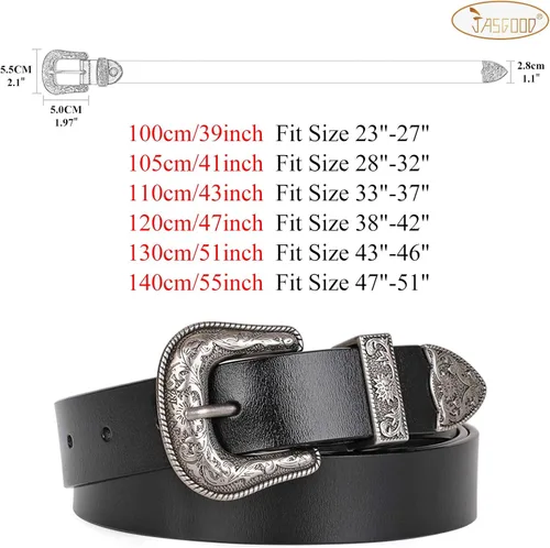 Vista 6 de Cinturón de cuero para mujer, diseño clásico occidental, cinturón negro para pantalones de mezclilla.