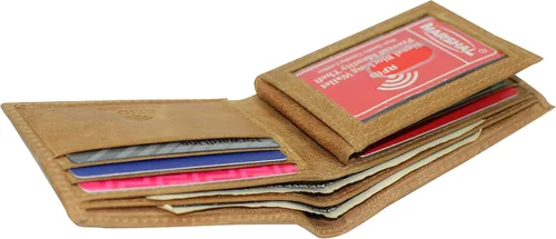 Vista 6 de MARSHAL Cartera de identificación con solapa central de piel auténtica con bloqueo RFID para hombre, Beige Bronceado, Bifold