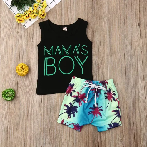 Vista 2 de Conjunto de 2 piezas de ropa de verano, con letras impresas, camiseta sin mangas y pantalón corto, para bebé