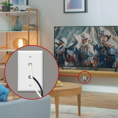 Vista 4 de Conector de tipo F para teléfono y CATV, más conectores hembra RJ11 con placas para pared, Blanco, 1