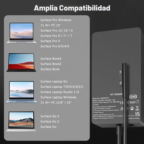 Vista 3 de Cargador para laptop Surface Pro de 65 W compatible con Microsoft Surface Pro 11 10, 9, 8, X, 7+, 7, 6, 5, 4, 3, conector de superficie magnética
