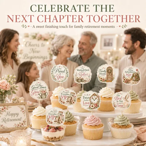 Vista 9 de 36 piezas de decoraciones familiares para cupcakes de jubilación Verde