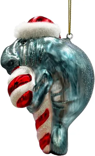 Vista 6 de Adorno de cristal acuático de la Navidad del manatí, decoración animal costera del día de fiesta del océano de la vaca del mar