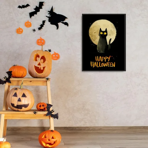 Vista 5 de Bonito arte de pared de gato negro de Halloween, divertido póster de lienzo de luna llena con ojos amarillos y cita de Feliz Halloween