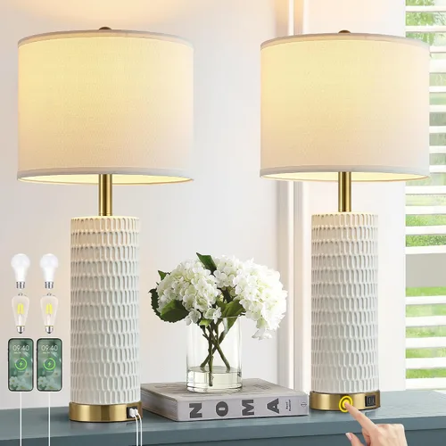 Vista 9 de Reaketon Juego de 2 lámparas blancas de 67.3 cm para recámara, lámparas de mesa modernas para sala de estar con puertos USB C+A, lámparas táctiles