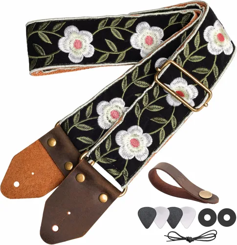 Vista 21 de Nefelibata Correa de guitarra, correas de guitarra de algodón bordado jacquard con extremos de cuero de caballo loco para bajo, eléctrico