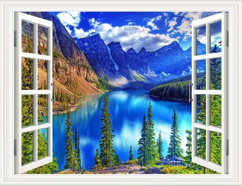 Vista 20 de Pintura autoadhesiva 3D, calcomanías de pared falsas para ventana, isla tropical con palmeras, mural de pared, vista de ventana, decoración de pared