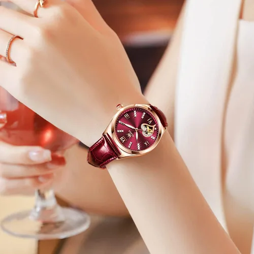 Vista 4 de OLEVS Reloj mecánico automático para mujer, correa de cuero, cuerda automática, reloj de pulsera para mujer, esfera de corazón de diamante