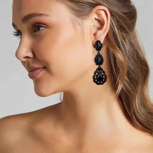Vista 2 de EVER FAITH Joyería de boda para novia, aretes colgantes de lágrima de cristal austriaco Art Deco de hoja de marquesa para baile de graduación