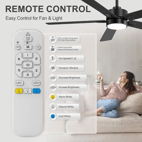 Vista 6 de Ceiling Fans with LED Lights, 52 Inch 5-Blade Ceiling Fan Remote/APP Control, Industrial Ceiling Fan with Reversible DC Motor, Downrod Mount LED