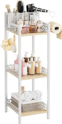 Vista 9 de Organizadores de almacenamiento de baño con cajón, unidad rodante de pie de metal de 3 niveles con soporte para papel higiénico, estante