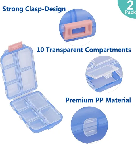 Vista 3 de Pastillero (paquete de 2) – Caja portátil para tabletas de suplementos pequeños con 10 compartimentos – Organizador de vitaminas medicinales