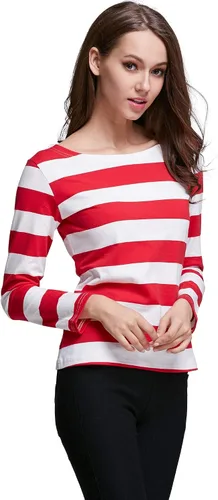 Vista 6 de HUHOT - Camiseta de manga larga para mujer, cuello de barco, rayas, ajuste relajado, camiseta de Navidad