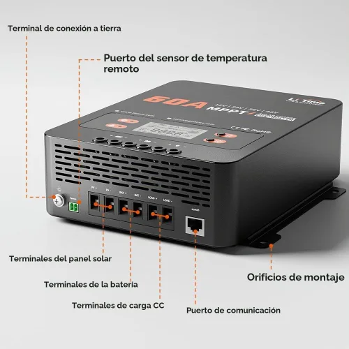 Vista 5 de LiTime 60A MPPT Controlador de Carga Solar (Sin Bluetooth Integrado), 12V/24V/36V/48V Auto, Entrada Máxima de PV 200VDC Pantalla LCD Regulador