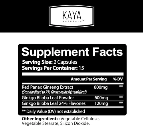 Vista 2 de Kaya Naturals Red Panax Ginseng + Ginkgo Biloba - Suplemento cerebral nootrópico - Apoyo cognitivo y de concentración - Suplemento de refuerzo