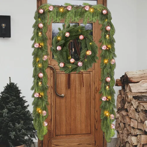Vista 2 de Ceenna Guirnalda de cedro de Navidad preiluminada de 6.2 pies con luces, guirnalda de pino artificial con adornos de bolas, 8 modos de temporizador