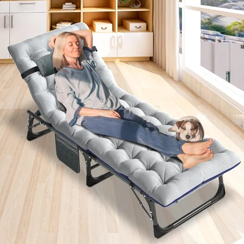 Vista 3 de Barbella Sillón plegable con colchón, cama plegable ajustable de 4 posiciones, cuna para patio, tumbona, perfecta para tomar el sol, campamento